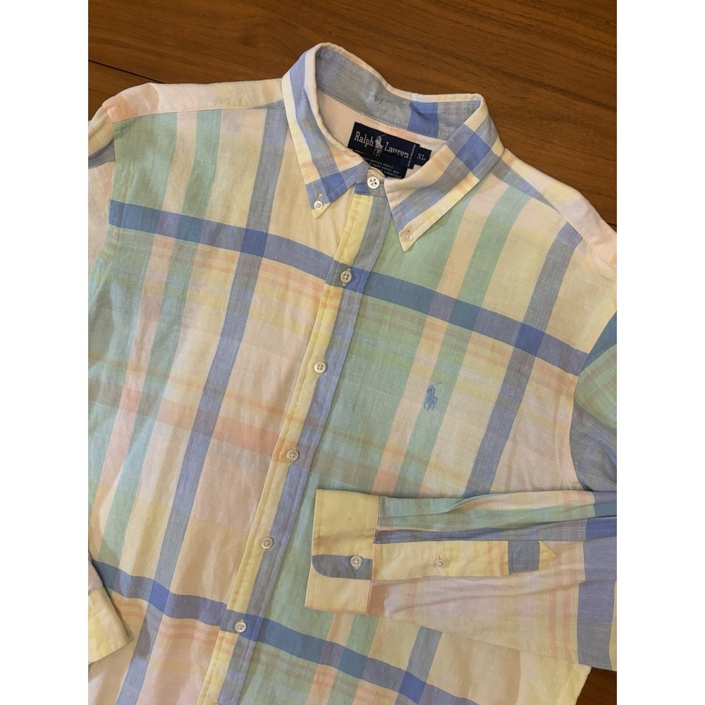 Vintage 80s Ralph Lauren Pastel Madras Plaid Shirt Mens Oversized XL Button Up